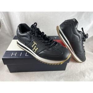 Tommy Hilfiger Logo Signature Black Leather Sneakers Trainers Womens Size 9 M